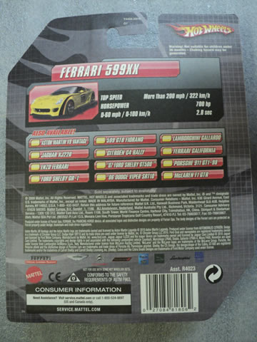Rear View Hot Wheels Ferrari 599XX Yellow